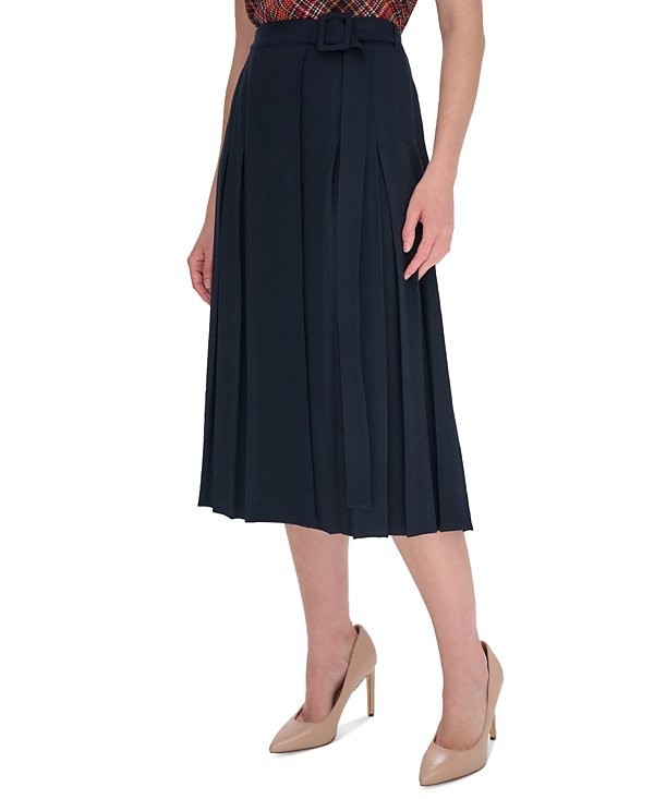Tommy Hilfiger Women's Belted Midi Pleat Skirt Navy Blue Size 12 MSRP $119