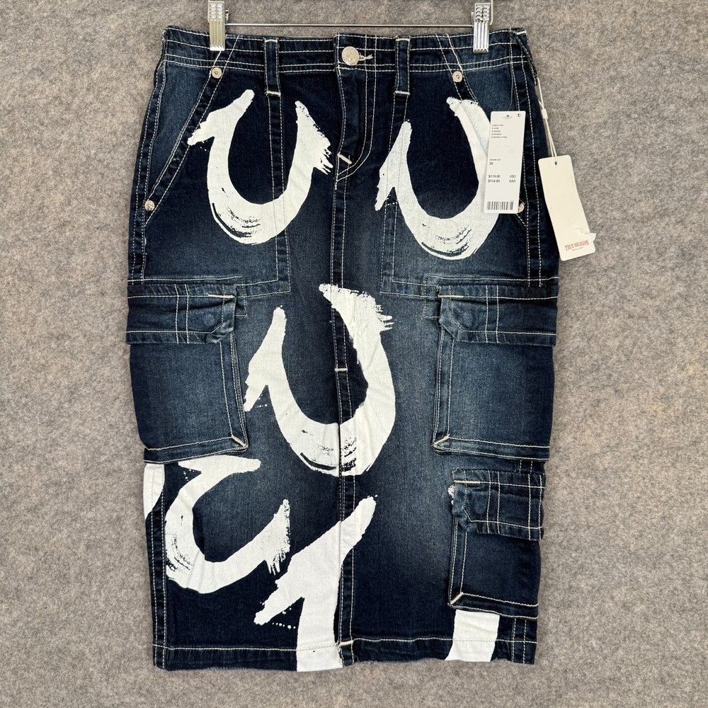 True Religion Womens 26 Horseshoe Midi Cargo Denim Skirt UO Exclusive