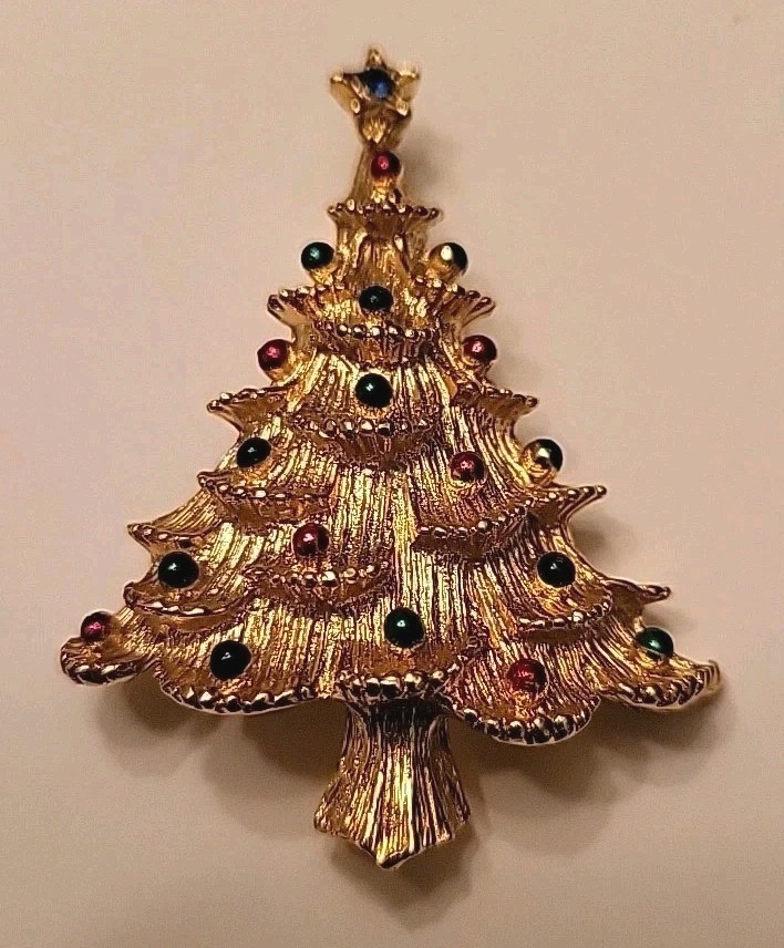 Vintage Gerrys Christmas Tree Pin Brooch Enamel Red Green Gold Tone Signed