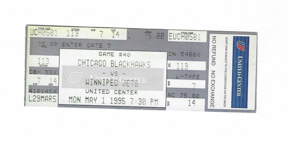 Chicago Blackhawks vs Winnipeg Jets unused Hockey Ticket from 5/1/1995