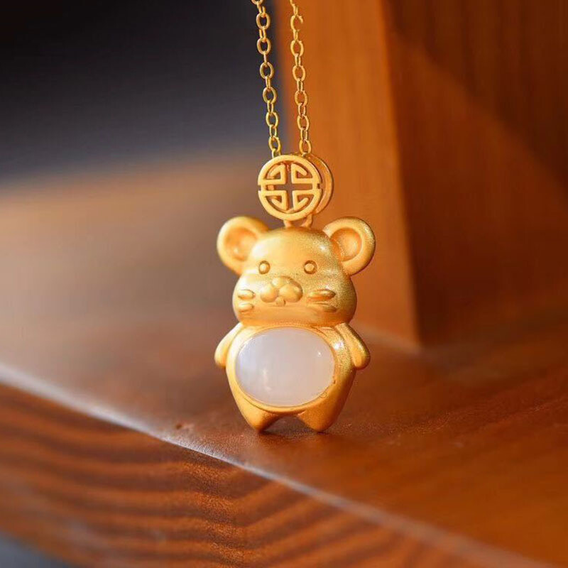 Natural Jade Mouse Pendant Necklace Real Jewelry Charm 18K Gold Plated Amulet