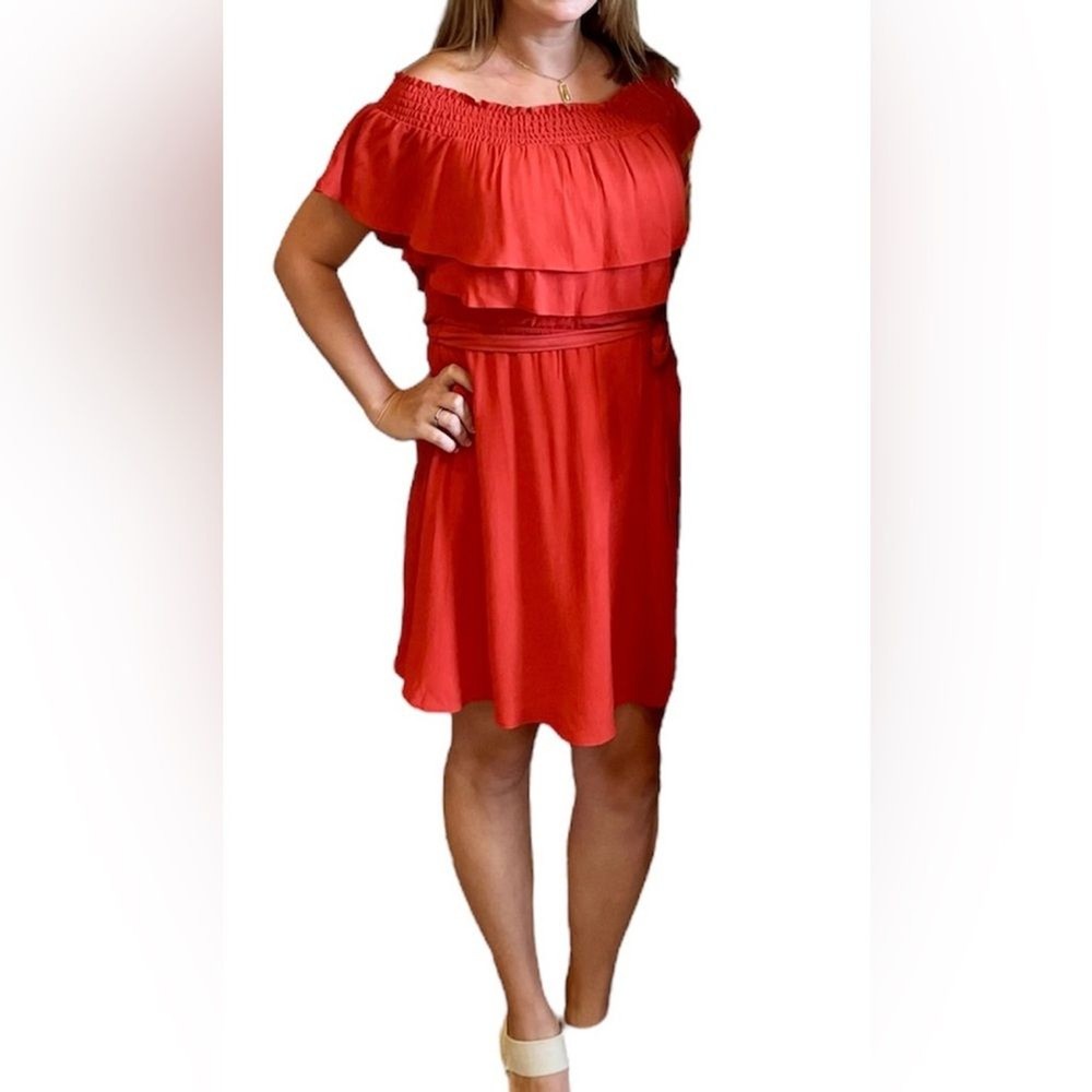 Lovers & Friends Off Shoulder Orange Ruffle Tie Waist Dress Size M