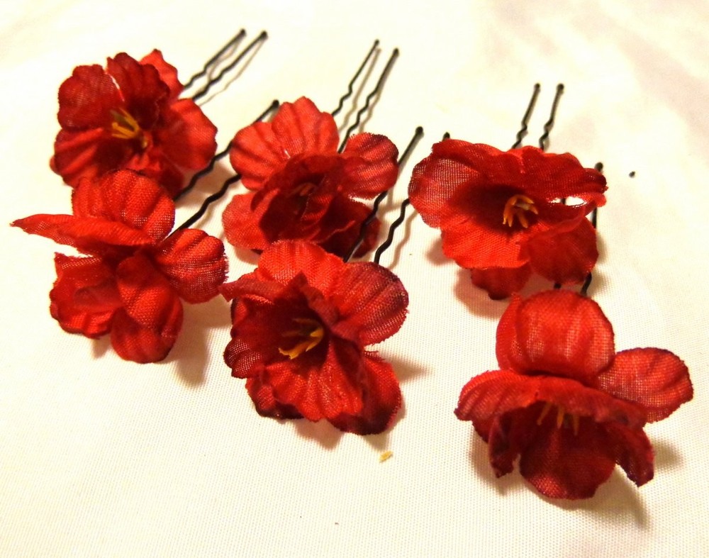 Small Red U-Shaped Hair Pin Set with Flower - Pack of 6
