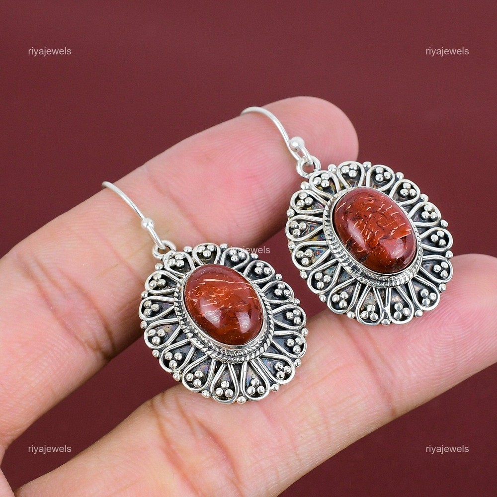New Year Deal Red Snakeskin Jasper Gemstone Dangle Earrings 925 Sterling Silver