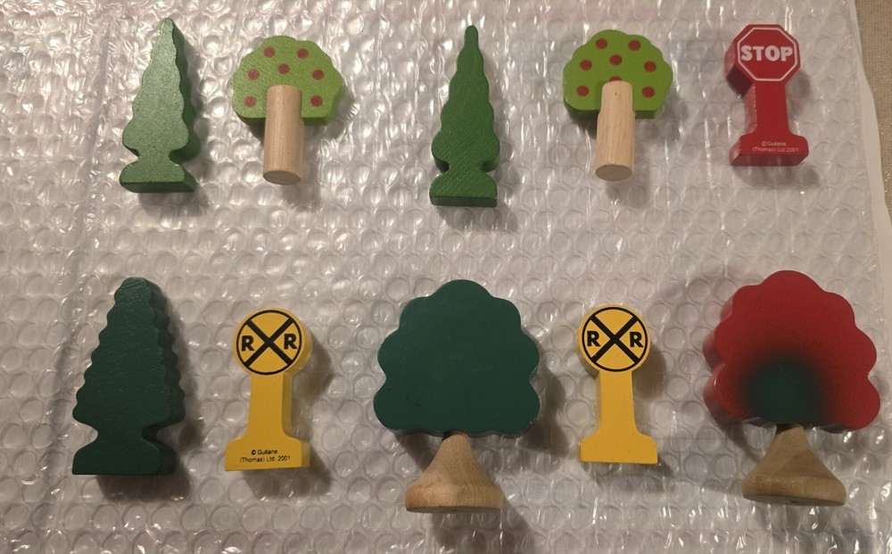 2001 Thomas the Train Wooden Railway 10 Pcs Accessories Trees  Signs Vintage