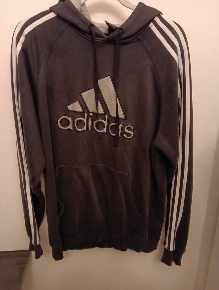 Addias Navy Blue White Stripes Down Both Sleeves Hoodie SZ L Vintage Style