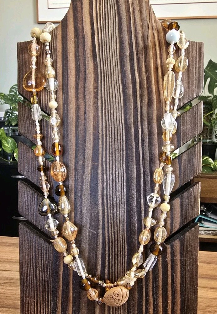 Vintage 24-inch Glass Bead Necklace with Clay Disk Diffuser for Aromatherapy