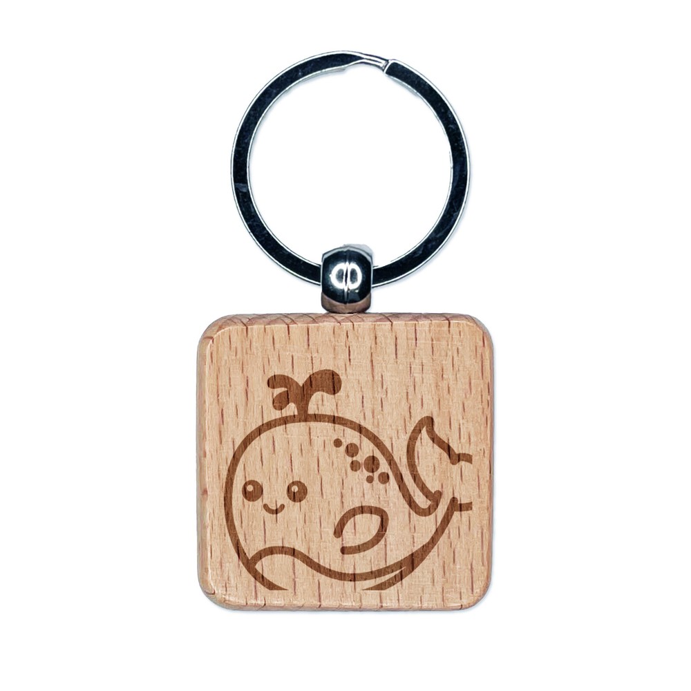 Peeking Whale Engraved Wood Square Keychain Tag Charm