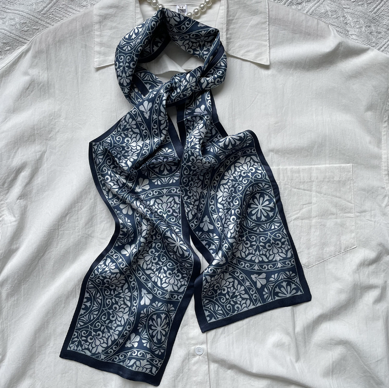 100% Pure Silk 12 Momme Green Grass Print Scarf Double-Layer Ribbon 145x16cm
