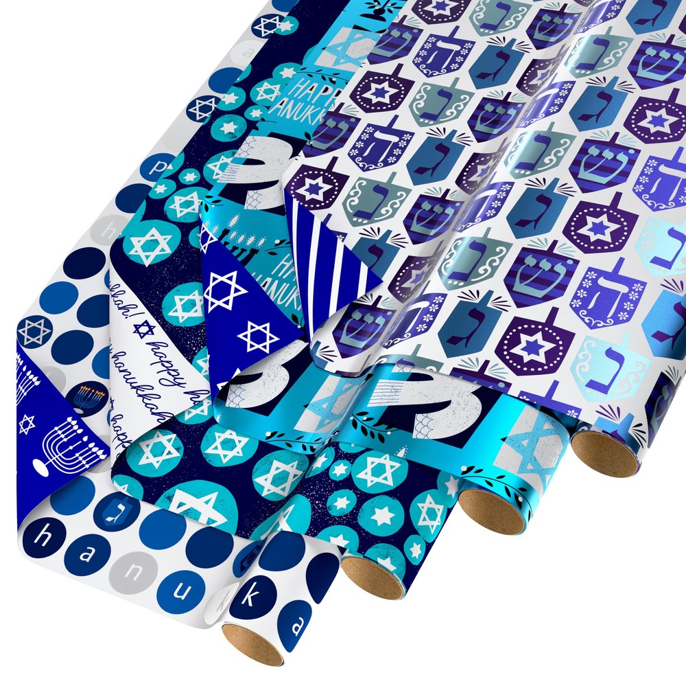 Reversible Hanukkah Wrapping Paper, Dreidel, Menorah and Star of David (4 Rol...