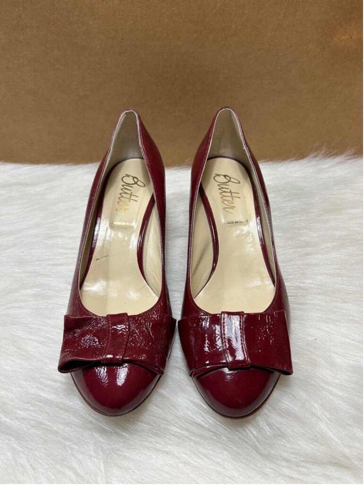 Butter Magenta Crinkle Patent Leather Bow Heels Women Size 9 Italy