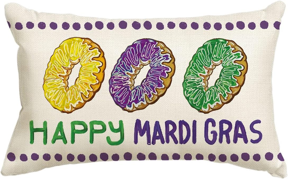 Happy Mardi Gras Donut Throw Pillow Cover, 12 X 20 Inch Holiday Party Cushion Ca