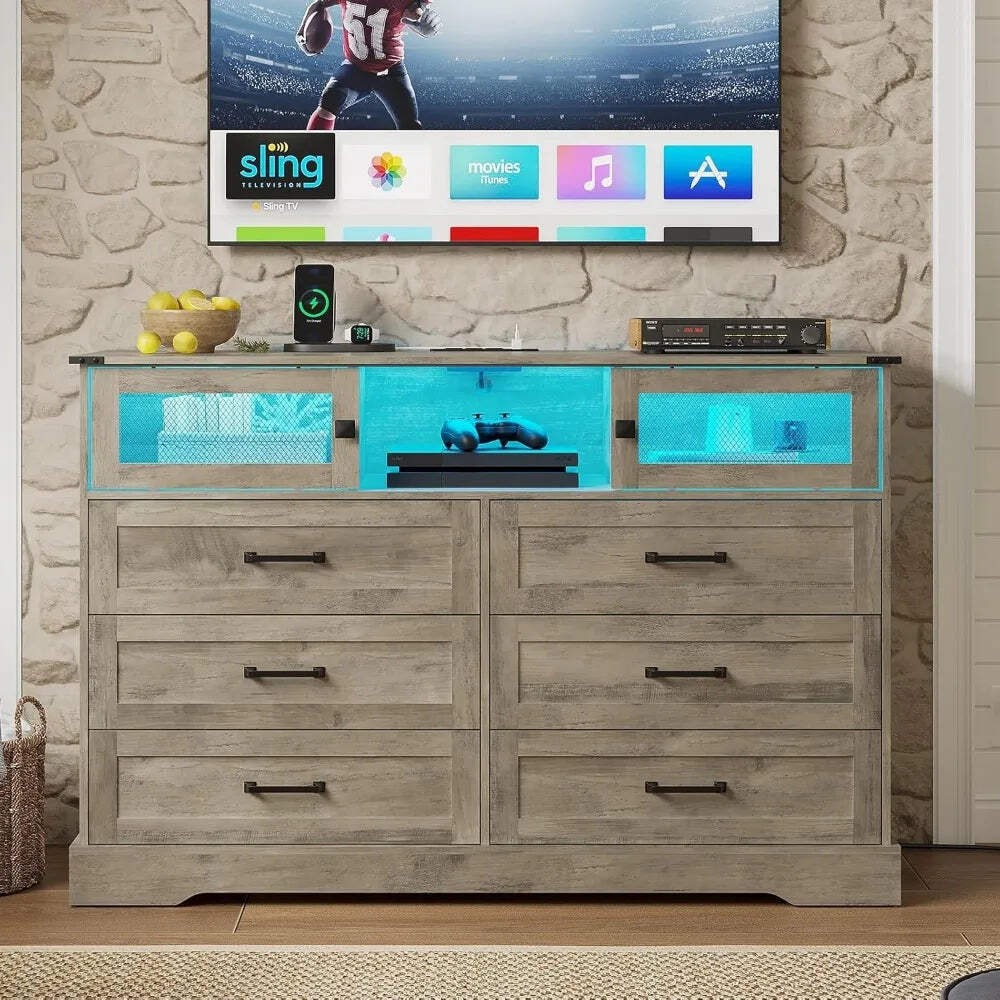 Farmhouse 6-Drawer Dresser with LED Lights and USB Charging Station