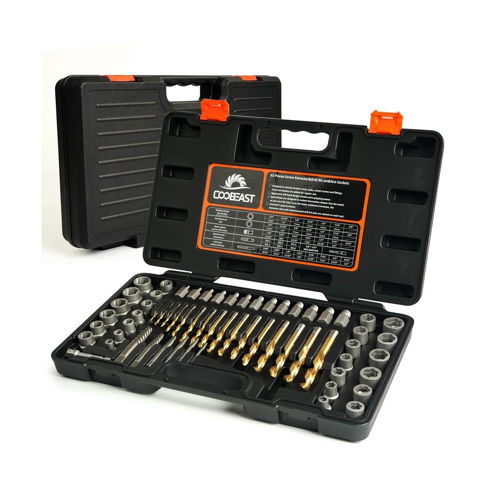 62Pcs Screw Extractor Set with Left Hand Drill Bit, Bolt Extractor Kit Heavy ...
