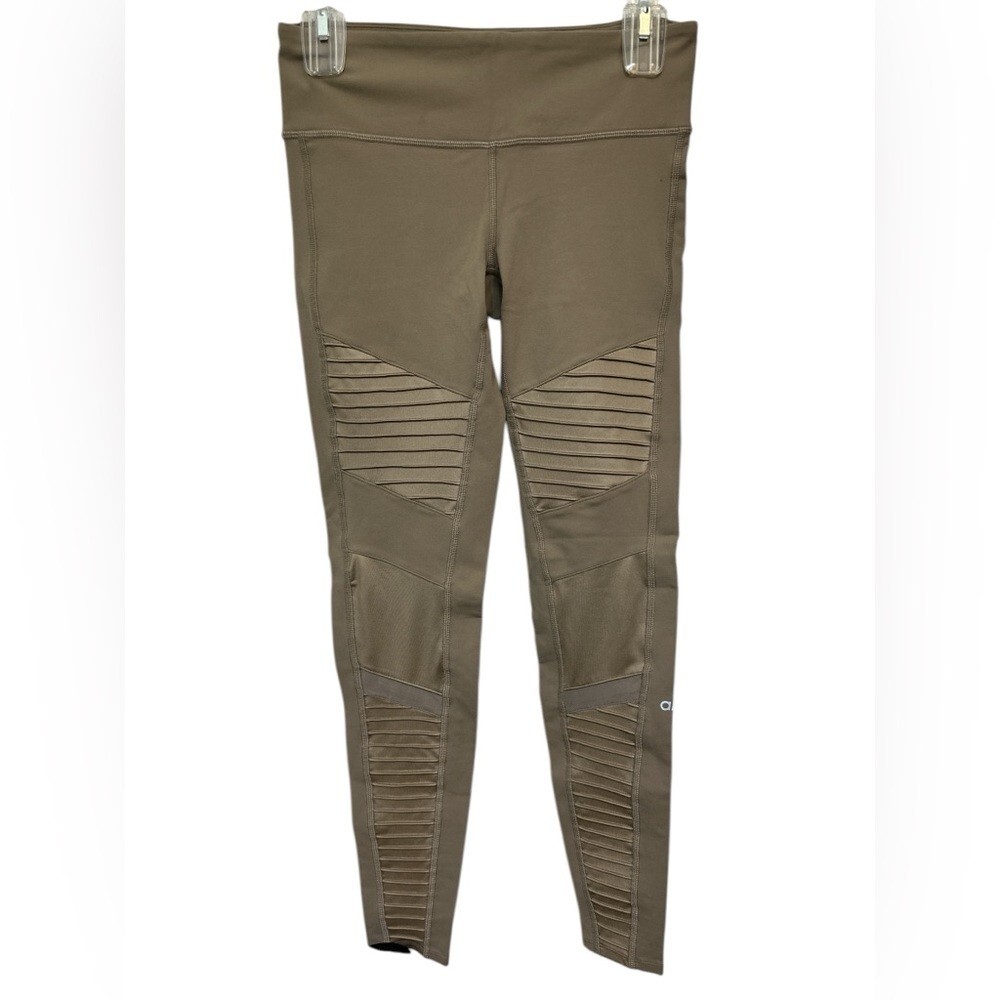 Alo Airlift High Waist Moto Leggings with Ribbed Knit & Mesh Panels in Taupe