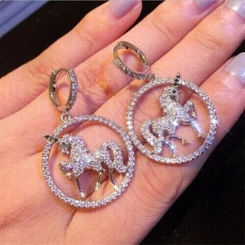 3Ct Lab Created Diamond Round Horse Drop/Dangle Earrings 14K White Gold Plated