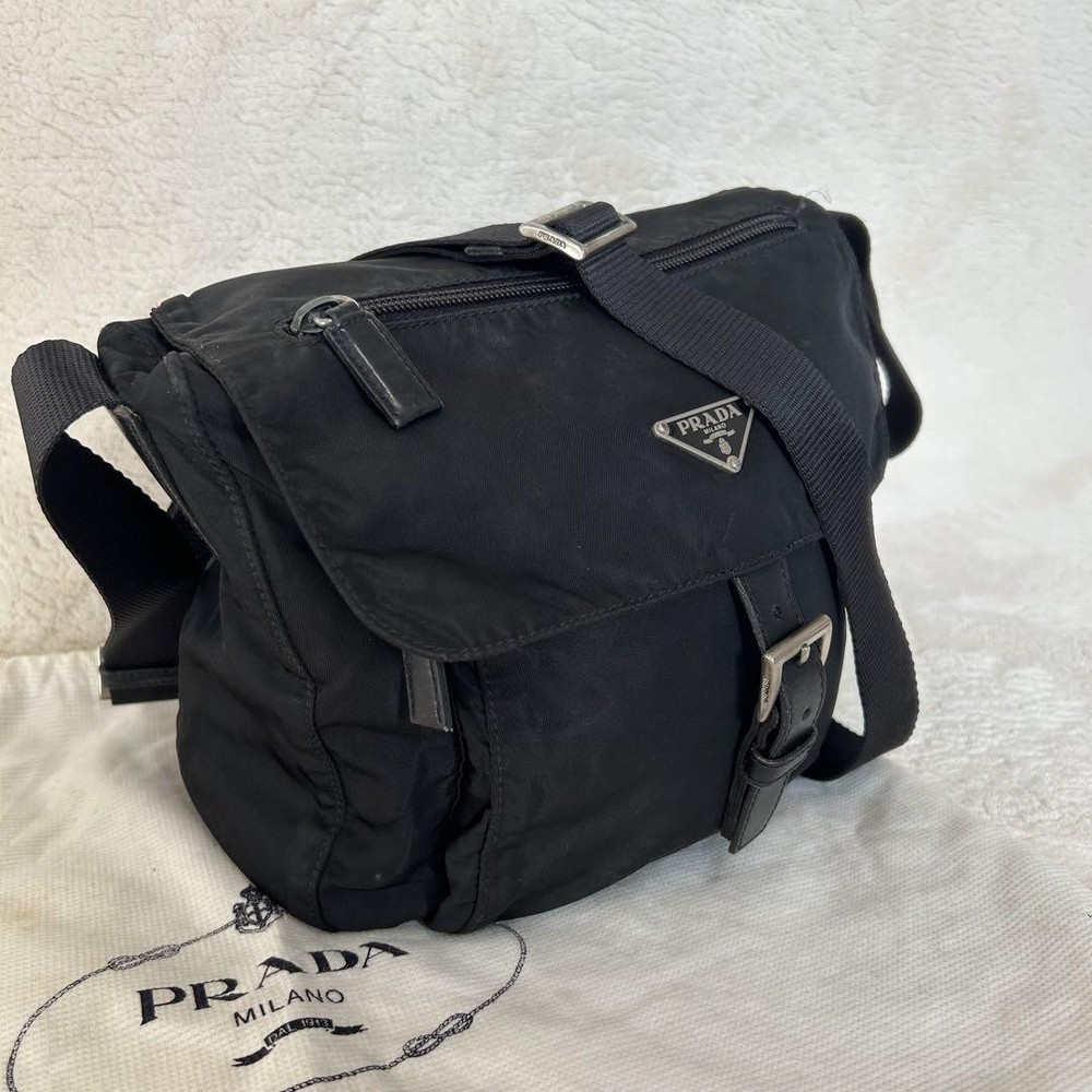 Prada Shoulder Bag Crossbody Nylon Flap Belt Black
