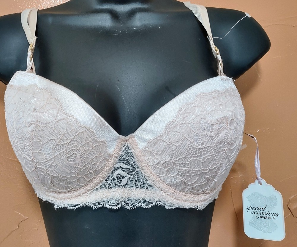 NWT Sophie B Special Occasion Padded Underwire Push Bra Lace White Pink 34C