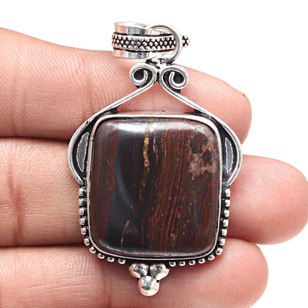 Iron Tiger's Eye Gemstone Pendant Silver Jewelry for Valentine's Day 2.5 Inch