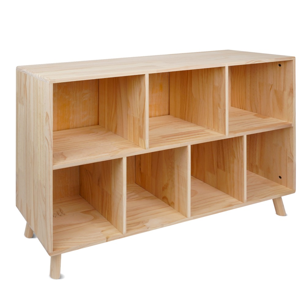 Solid Pine Wood 7 Compartment Storage Cabinet Fixed Shelves Organizer