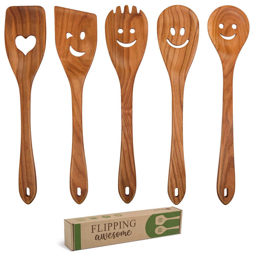 MFC 5-Piece Wooden Cooking Spoons - Kitchen Spatula Set from Natural Cherry W...