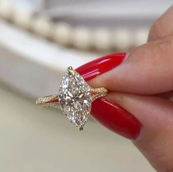 2.30Ct Marquise Cut Simulated Diamond Split Shank Ring In 14K Yellow Gold Plated
