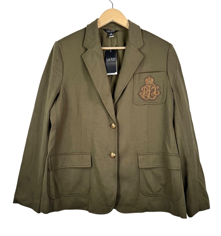 Lauren Ralph Lauren Crest-Patch Ponte Blazer botanic green academia preppy sz 16