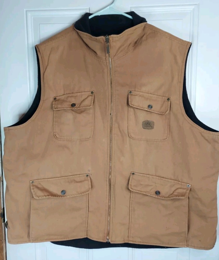 John Deere Reversible Vest Chore Jacket Mens 2X Tan Canvas Fleece Barn Hunting
