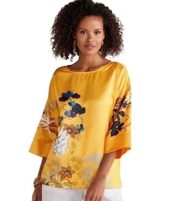 Soft Surroundings Zehra Yellow Silky Tahitian Floral Artsy Pullover Blouse  2X