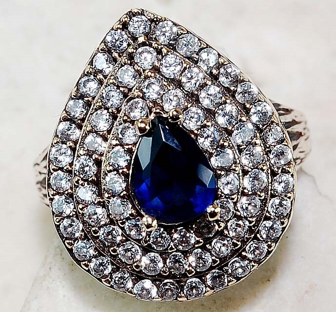 3CT Treated Sapphire Ottoman Style Sterling Silver Ring Size 8.5