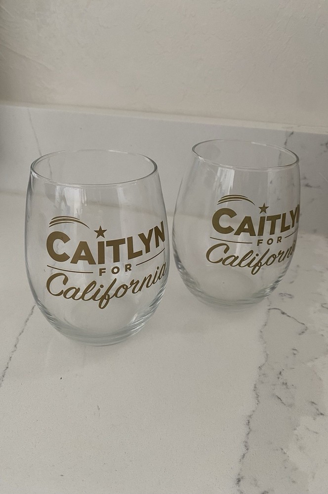 Matching Caitlyn Stemless Wine Glasses Kardashian Jenner California Set of 2