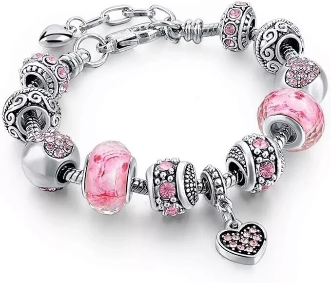 Pandora Silver Bracelet with Crystal Heart and European Love Charms