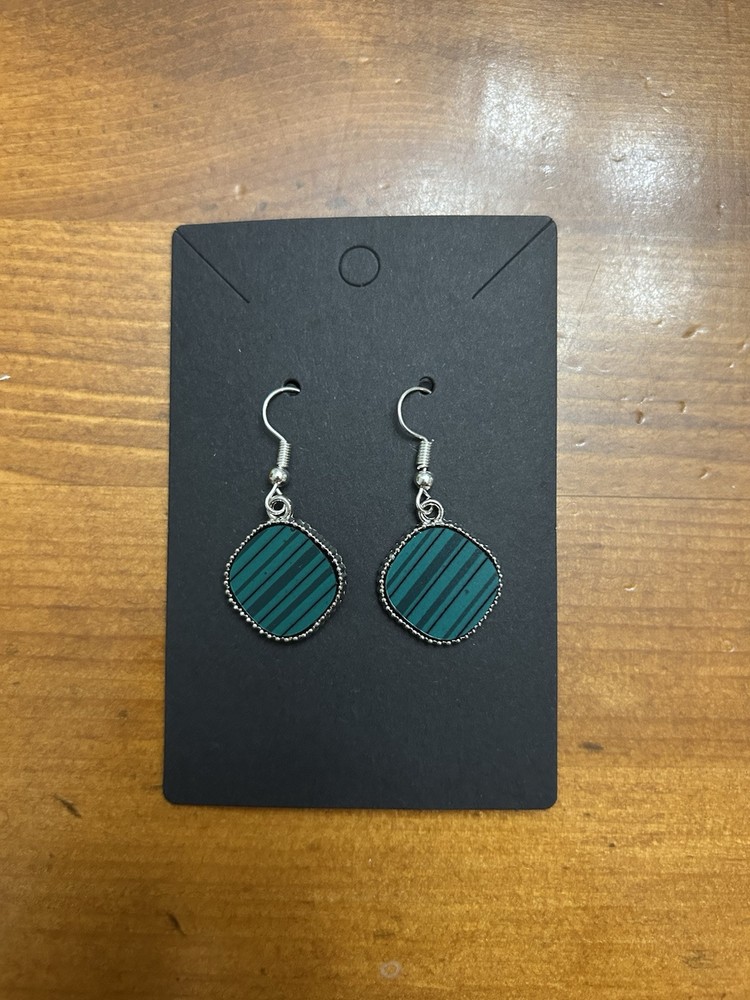 Emerald green black striped square silver earrings