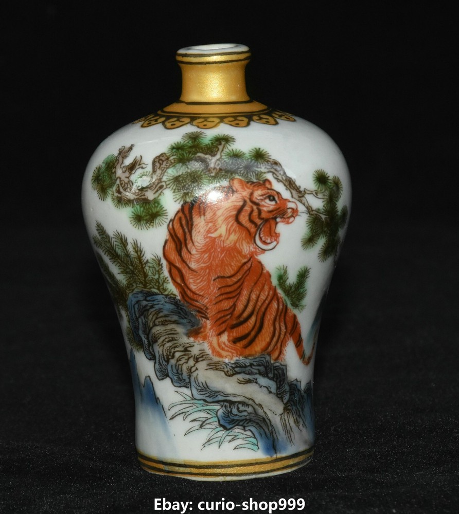 8CM Rare China Porcelain Zodiac Tiger Pine Snuff Bottle Statue in Vibrant Colors