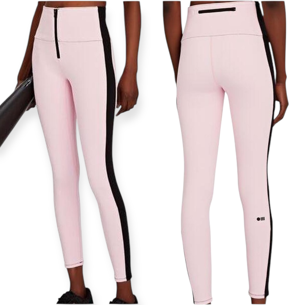 NWT Solid and Striped Sport Soleil Zip Front Leggings Pink Black Size Medium