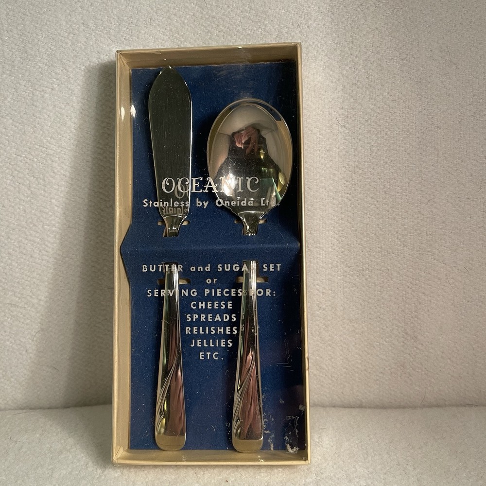 Oneida Stainless Butter & Sugar Set Oceanic Pattern Serving Pieces NOB