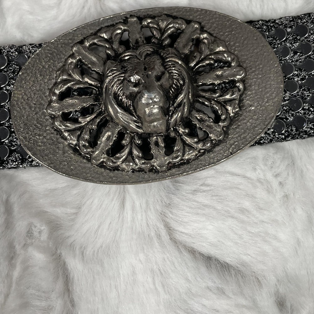 Belt Lion Head Buckle Womens Black Elastic Stretch Wide Rhinestone Waist Cinch