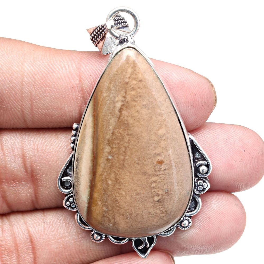 Polygram Jasper Gemstone Pendant Necklace in Silver for Women 2.5 Inch