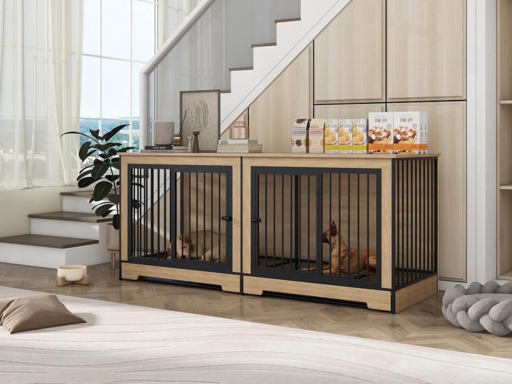 XL Large Double Dog Crate Furniture with Two Rooms & Tray