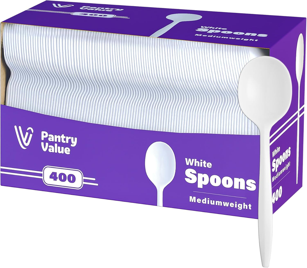 400 Disposable White Plastic Spoons Lightweight Party Cutlery Bulk Pack