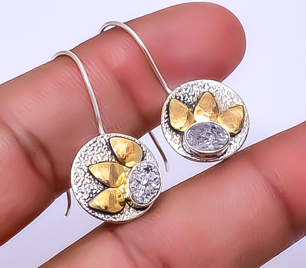 Silver Titanium Agate Drusy 925 Sterling Silver Two Tone Earring 1.25