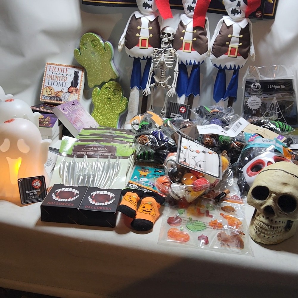 Large lot of halloween decorations ghost lanterns web mat pirates fangs pictures