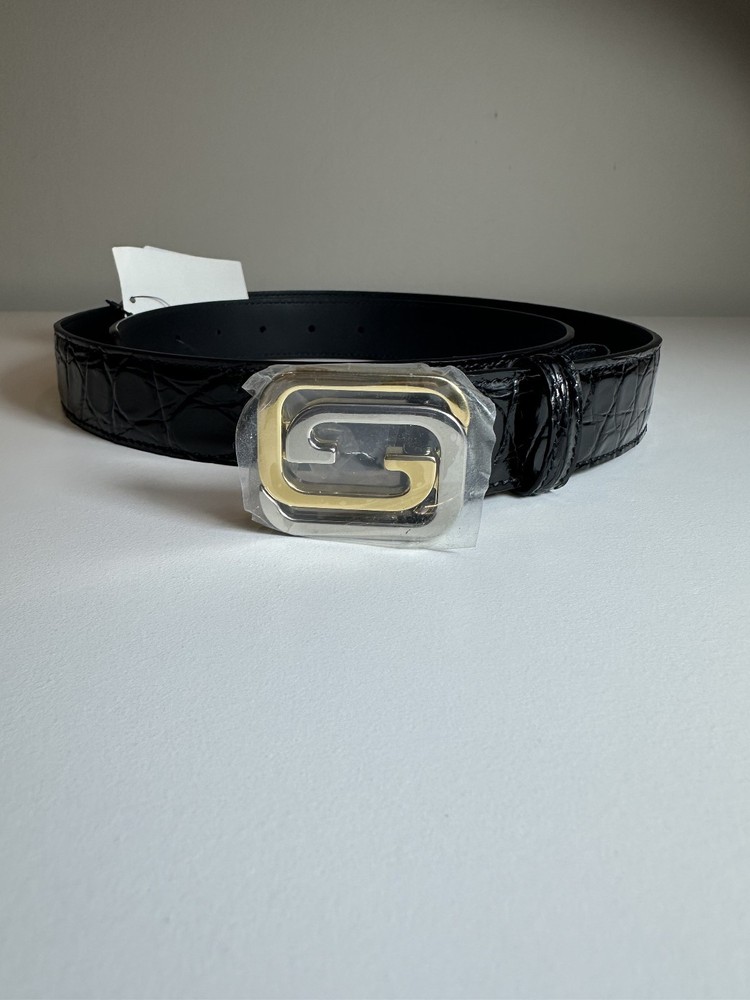 Authentic Gucci Black Croc Leather Belt GG Buckle Gold Silver Size 100 40