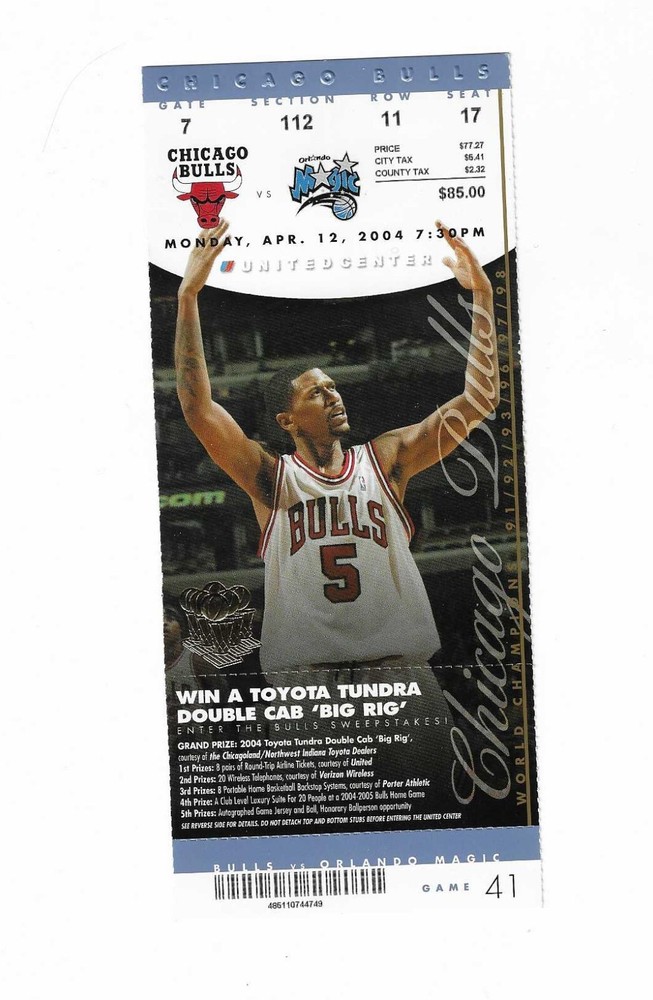 Chicago Bulls vs Orlando Magic Unused Basketball Ticket from 4/12/2004