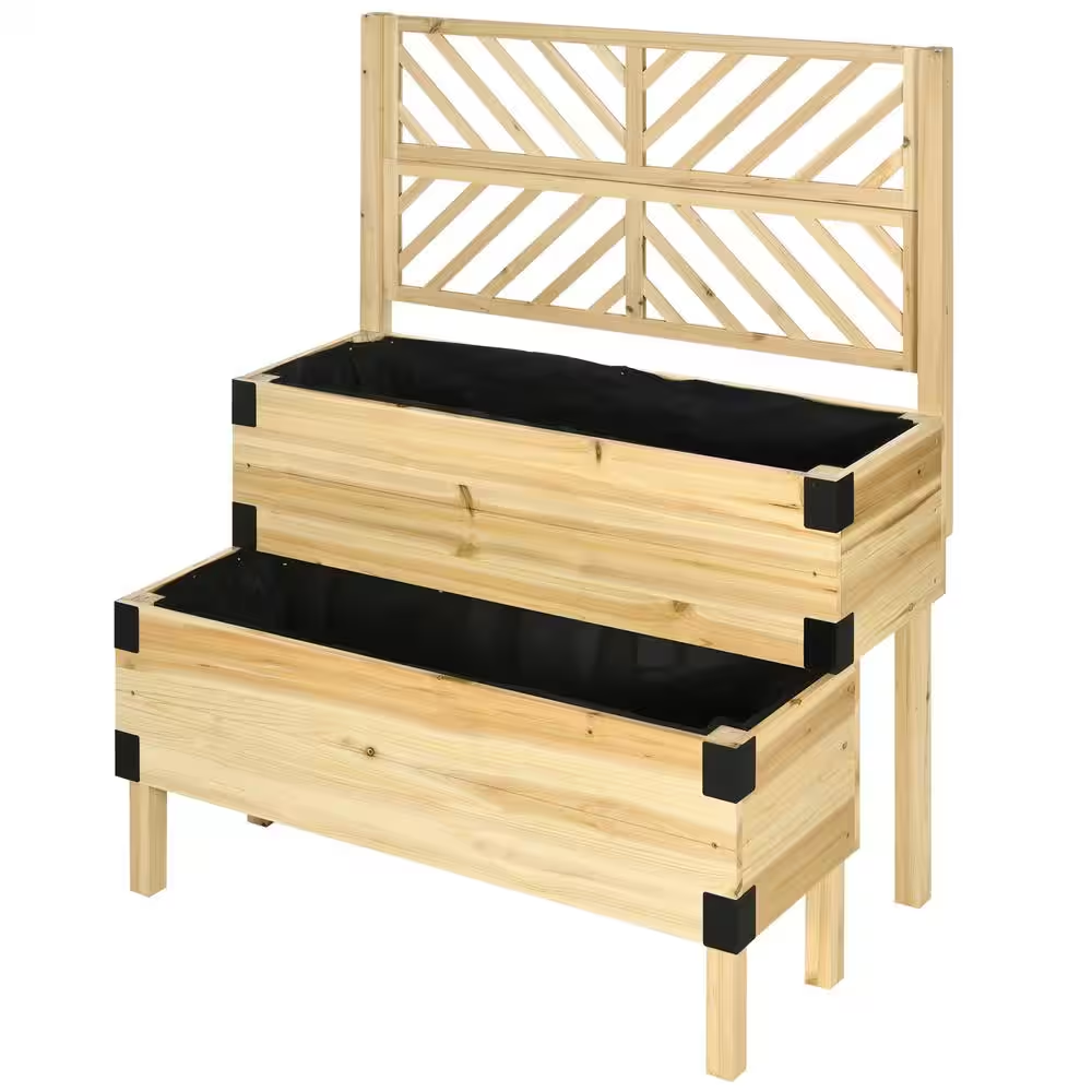 Natural 2-Tier Wooden Raised Garden Bed with Trellis, Elevated Planter Box with