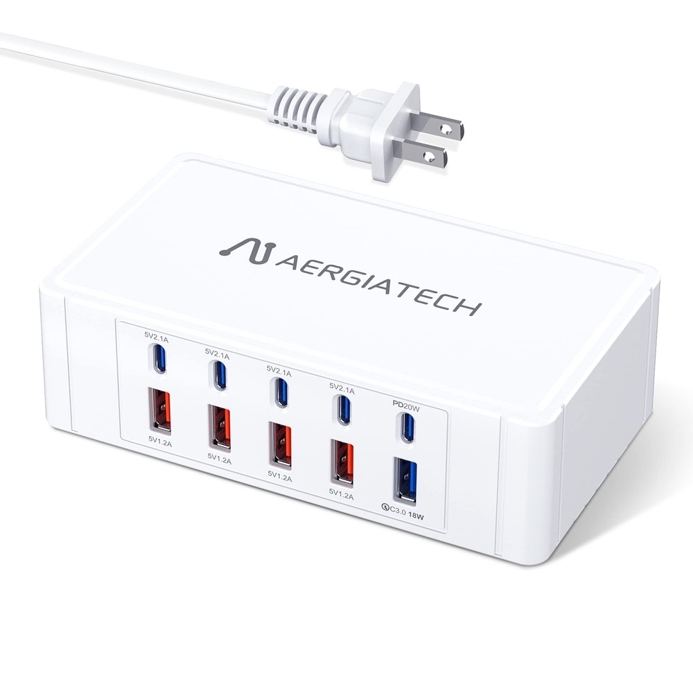 10-Port 100W USB C Charging Station with PD3.0 QC Fast Charging Hub by Aergiatech