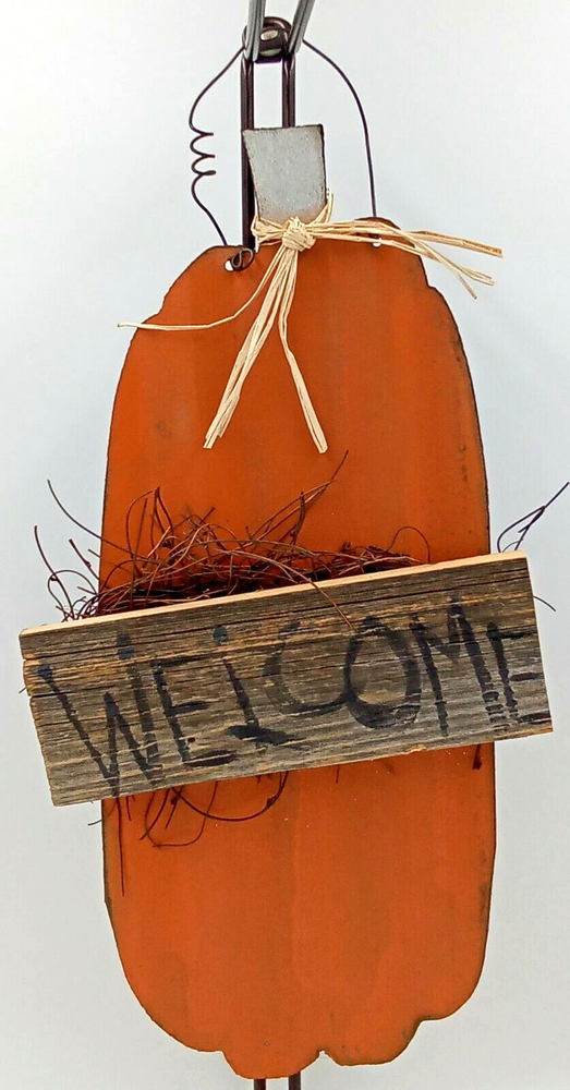 Pumpkin Metal Wood Sign Welcome Wire Hanger Orange Black Raffia Tie Branch 19.5