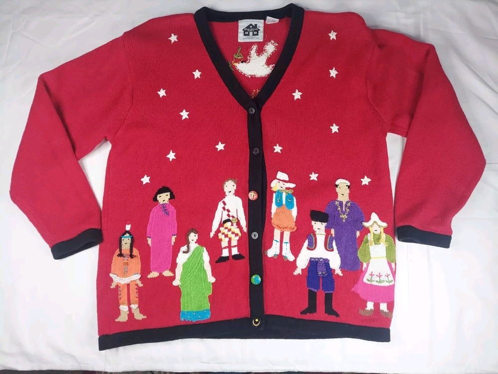 Storybook Knits Red Cardigan World Peace Earth People Sweater Women’s L
