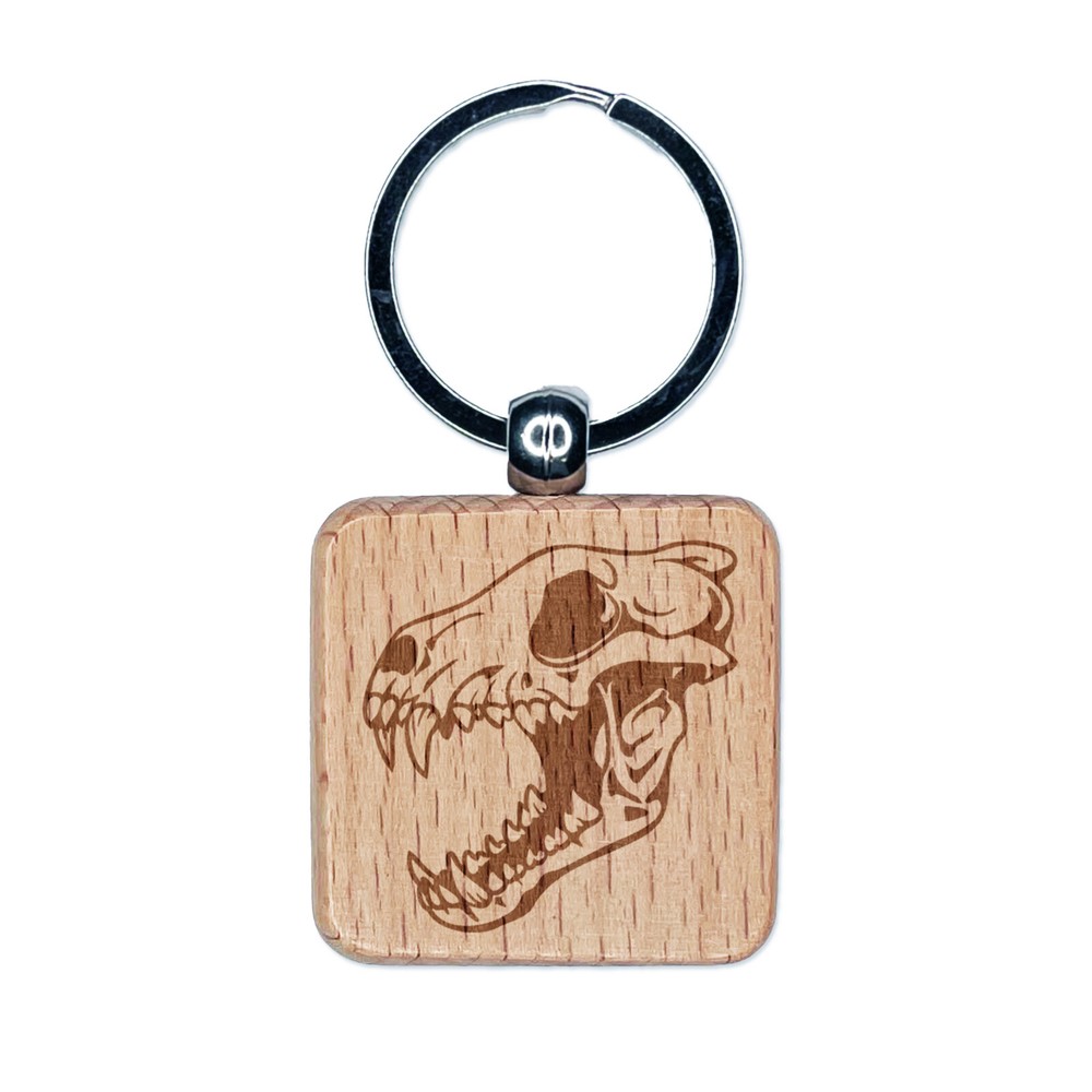 Engraved Gray Wolf Skull Wooden Keychain Charm