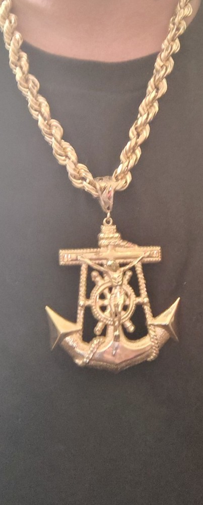 10k Yellow Gold Rope Chain Necklace with Large Anchor Charm Anchor Pendant